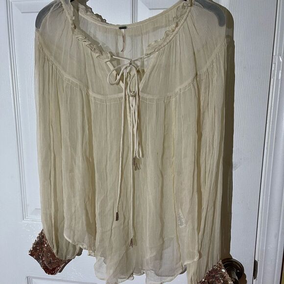 Free People sheer beige long sleeves blouse with gold sequins cuffs size Medium - Picture 6 of 15